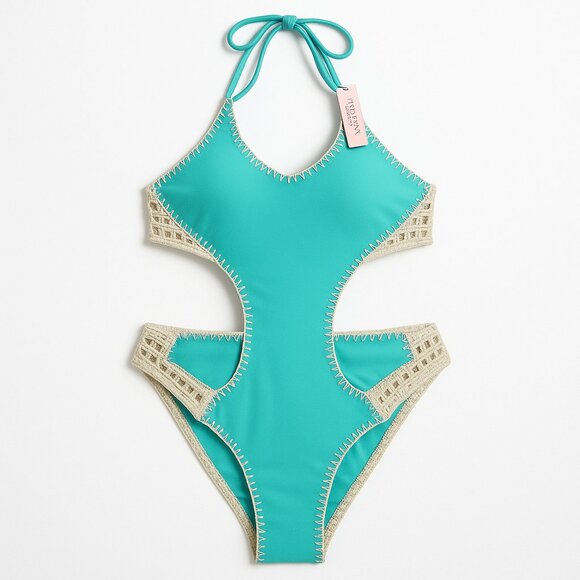 Victoria’s Secret Swim Crochet Monokini Aqua Cut-Out Halter One-Piece Size S NWT - Picture 2 of 16